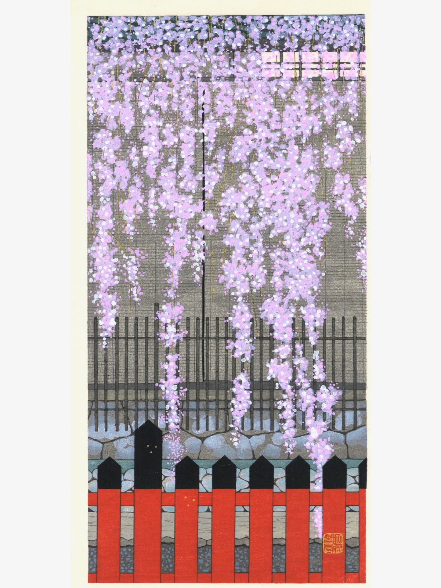estampe japonaise cerisier en fleur descendant sur une barrière rouge et noire