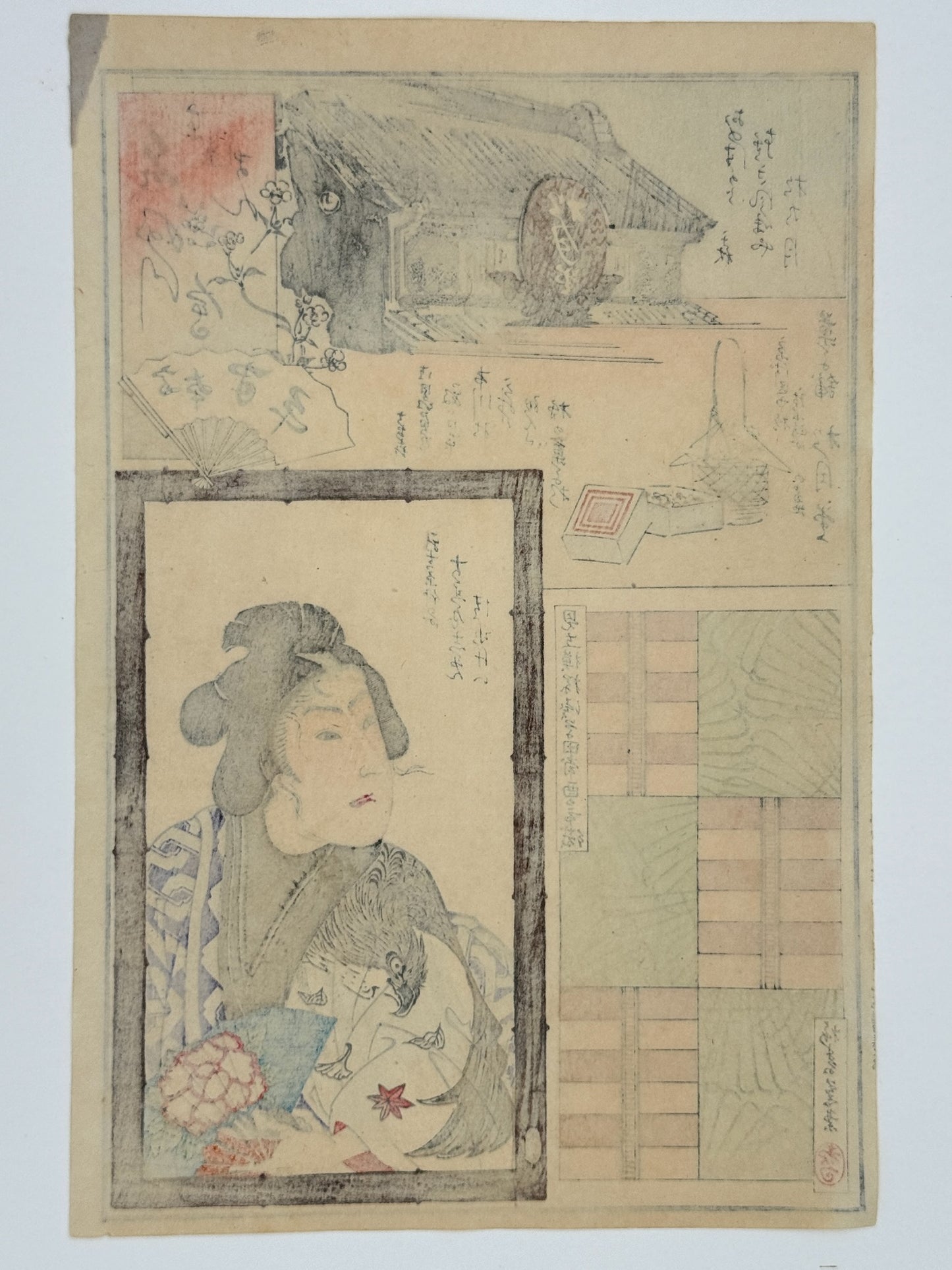 Estampe Japonaise Kunichika femme beauté, motifs rateaux kudame et magasin de confiseries, fleurs, éventail, dos estampe