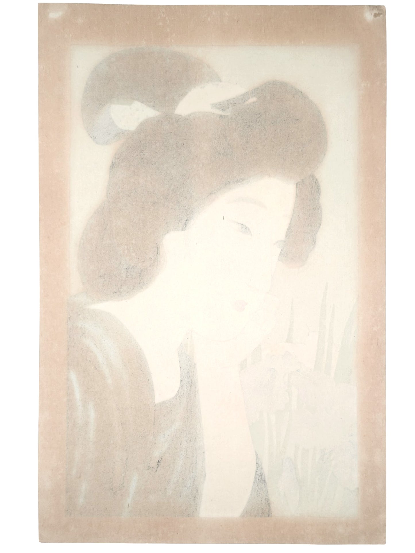 Estampe Japonaise de Kondô Shiun, femme contemplant des iris violets, verso de l'estampe