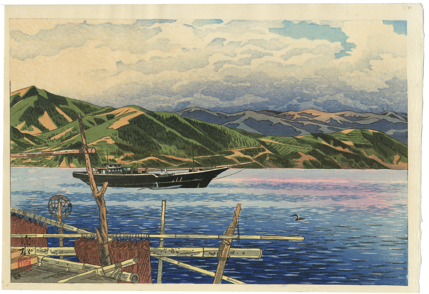 Estampe japonaise de paysage par Itō Shinsui représentant Ajiro au crépuscule.