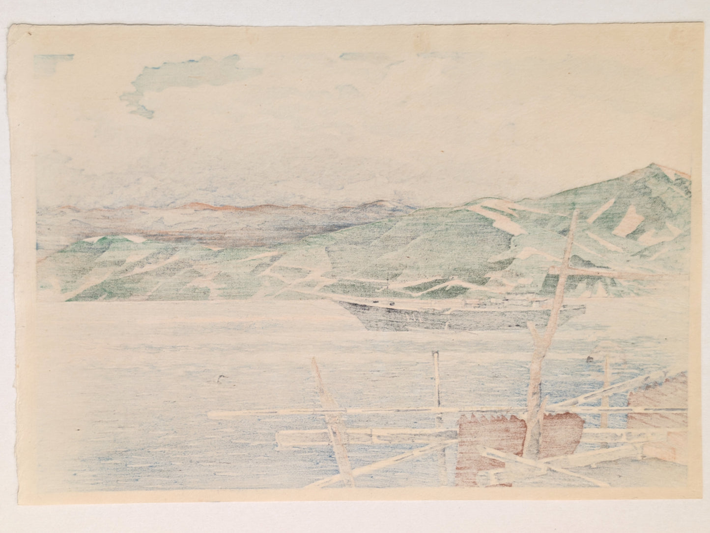 Estampe japonaise de paysage par Itō Shinsui représentant Ajiro au crépuscule, le verso de l'estampe