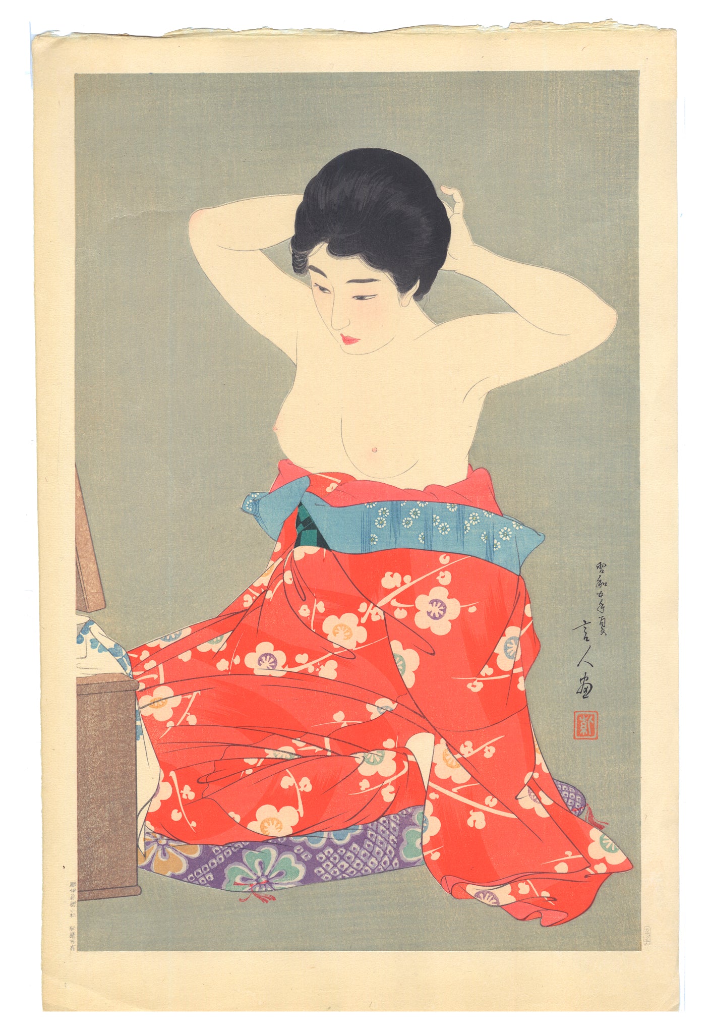 Estampe Japonaise de Torii Kotondo, maquillage devant le miroir