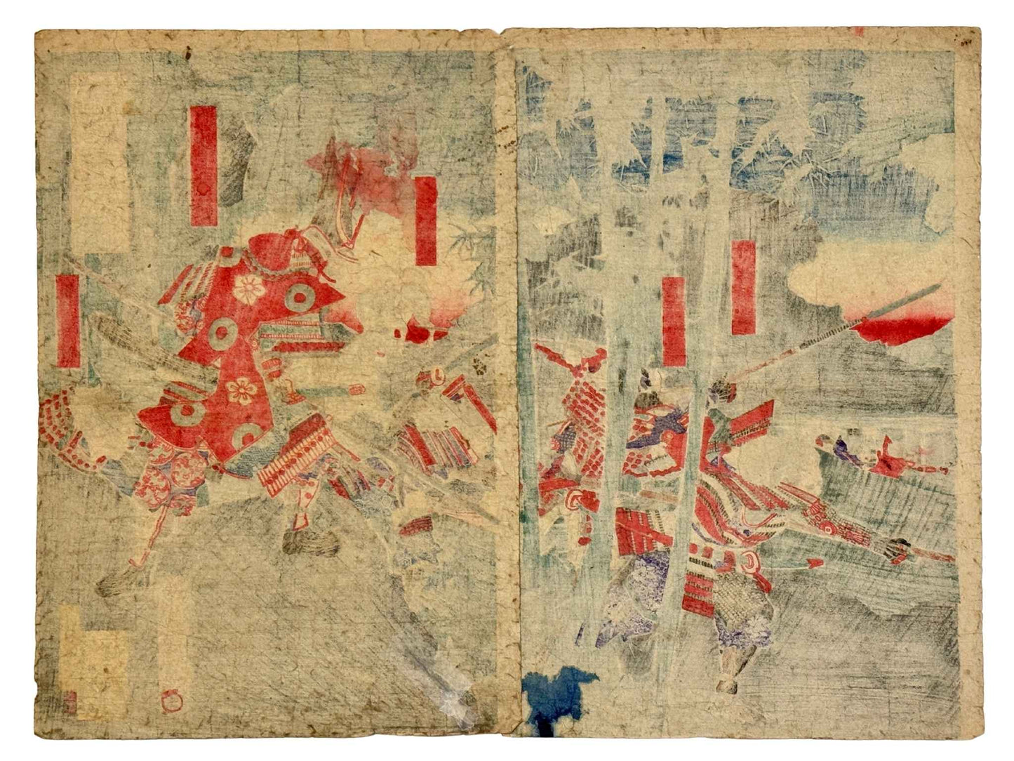 Estampe Japonaise diptyque de Chikanobu représentant Katô Kiyomasa et ses généraux chassant le tigre en Corée, le verso
