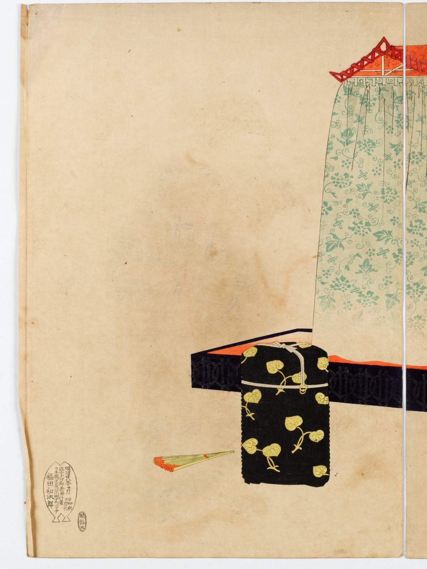 estampe japonaise triptyque de Chikanobu coulisse de théatre No Intérieur Palais de Chiyoda, boite laque noir et signature sceau éditeur et artiste