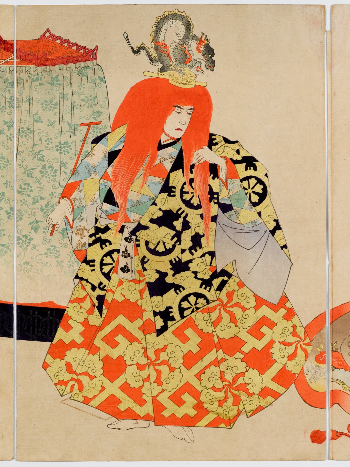 estampe japonaise triptyque de Chikanobu coulisse de théatre No Intérieur Palais de Chiyoda acteur de No cheveux rouge couronne dragon