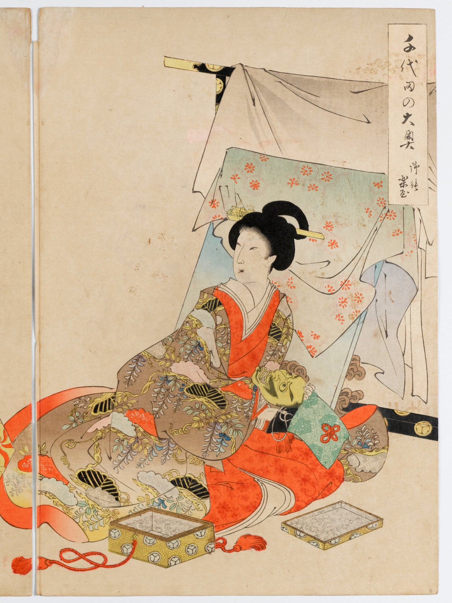 estampe japonaise triptyque de Chikanobu coulisse de théatre No Intérieur Palais de Chiyoda femme et masque cartouche titre