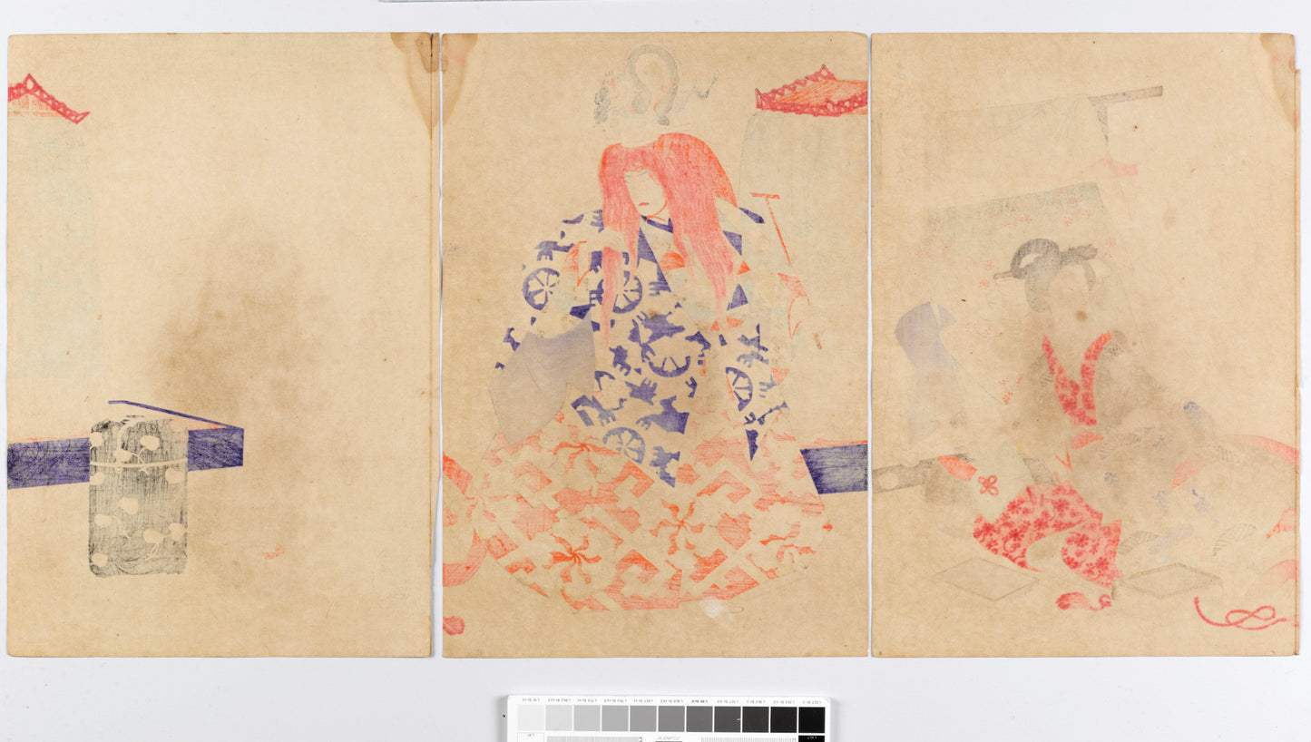 estampe japonaise triptyque de Chikanobu coulisse de théatre No Intérieur Palais de Chiyoda dos estampe