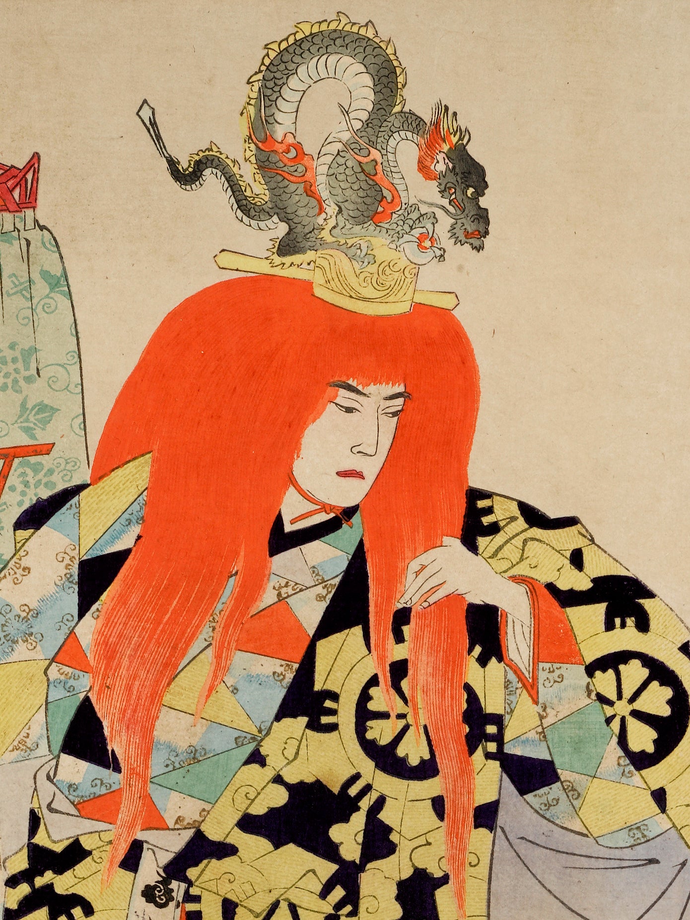 estampe japonaise triptyque de Chikanobu coulisse de théatre No Intérieur Palais de Chiyoda, visage acteur cheveux rouge couronne de dragon kimono or et noir