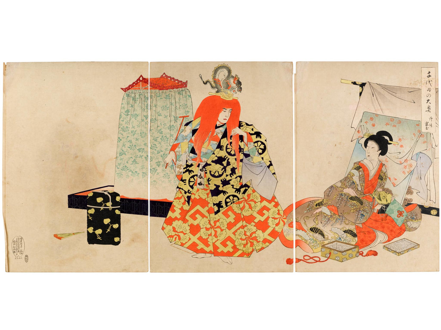 estampe japonaise triptyque de Chikanobu coulisse de théatre No Intérieur Palais de Chiyoda