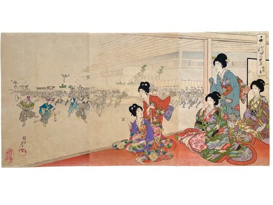 Estampe japonaise  triptyque de Chikanobu, femmes en kimonos fleuris, défilé du nouvel an