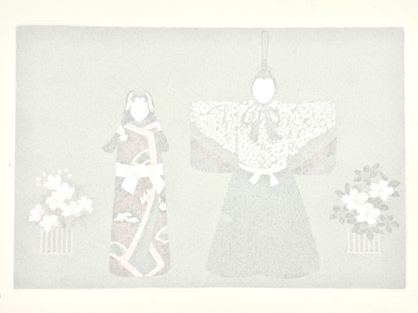 Sérigraphie Japonaise artisanale, deux poupées pour la fête des filles Hina Matsuri, empereur et impératrice. Dos Sérigraphie.