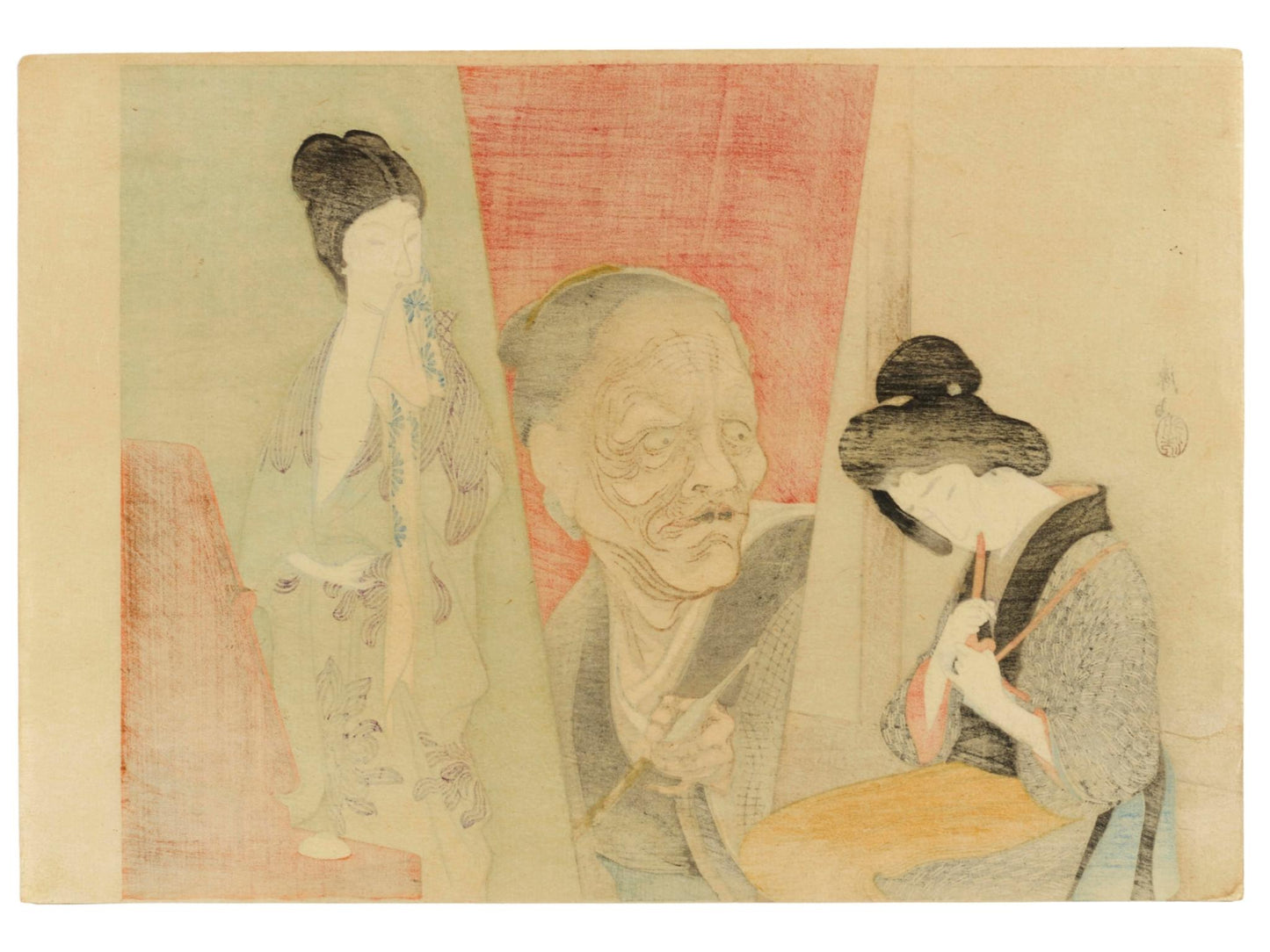 Estampe de Tomioka Eisen illustrant le frontispice du roman Rangiku Monogatari, avec trois femmes symbolisant jeunesse, maturité et vieillesse, le verso