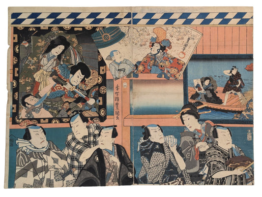 Estampe japonaise de Kunisada, un diptyque d'acteurs de kabuki dans la fille d'attente d'un théâtre. Scènes de théâtre au dessus d'eux.