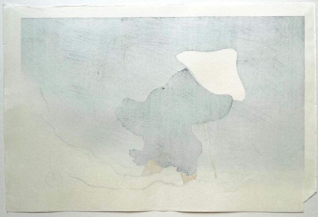estampe japonaise e Kamisaka Sekka, un moine avec chapeau et baton marche dans un tempête de neige, verso de l'estampe