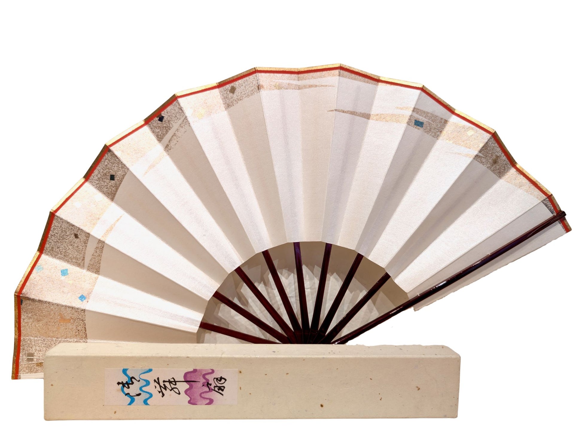 Eventail japonais nacré motif flamme pailleté d'or, monture en laque acajou, avec sa boite d'origine