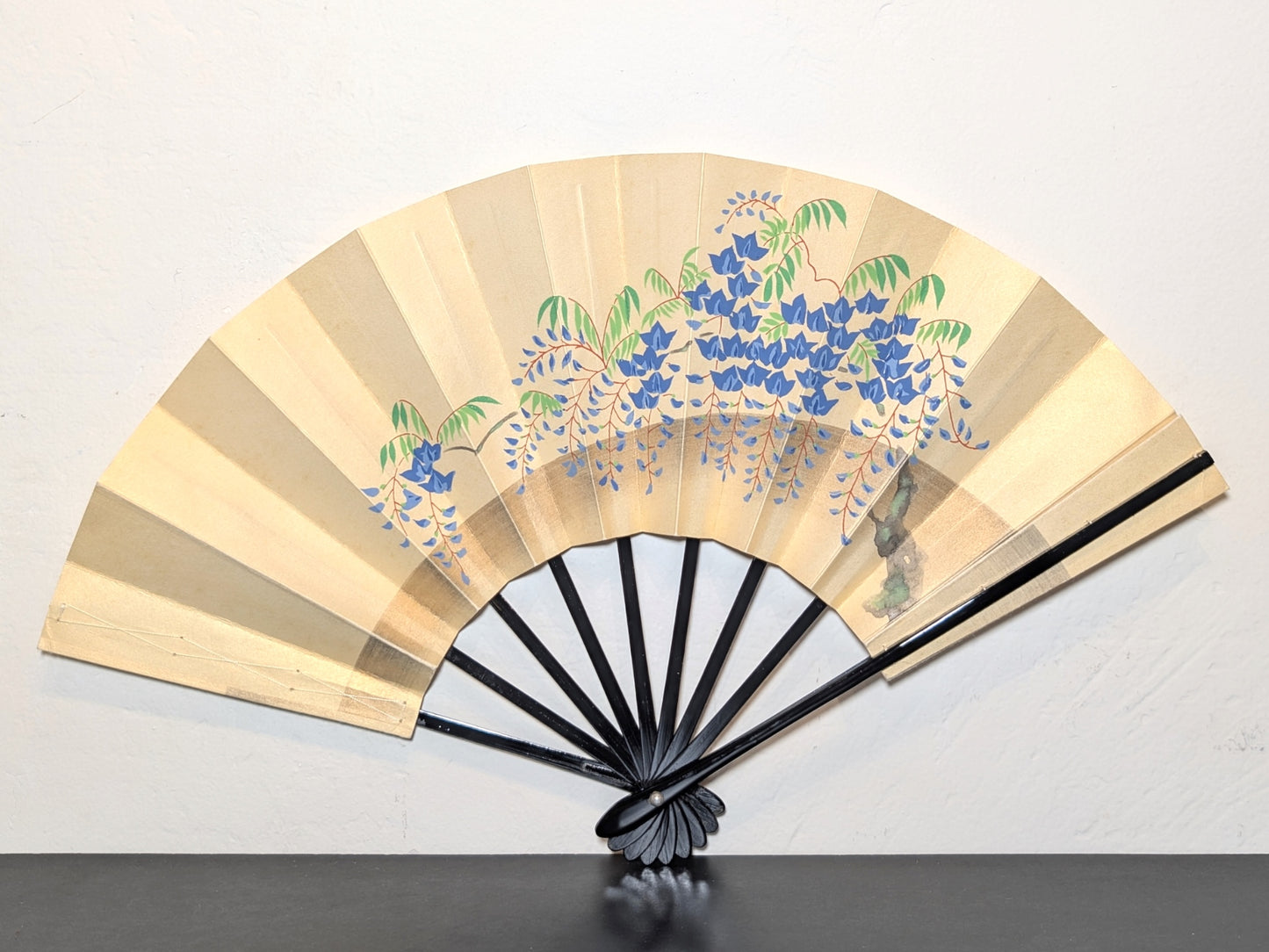 Eventail traditionnel japonais de théâtre kabuki en papier washi écru micacé et bois laqué noir. Avec motif branche de glycine, fleurs bleues feuilles vertes peint à la main.
