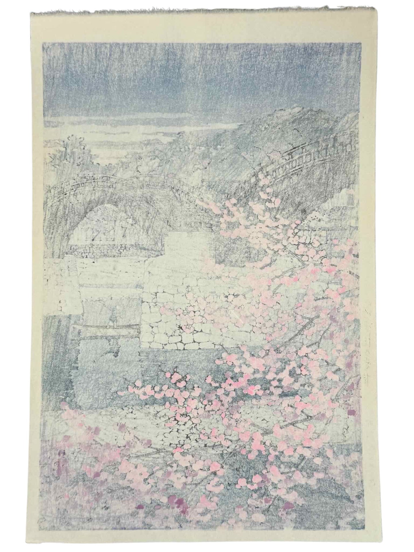 Estampe Japonaise de Hasui représentant le pont Kintai avec des cerisiers en fleurs, verso de l'estampe