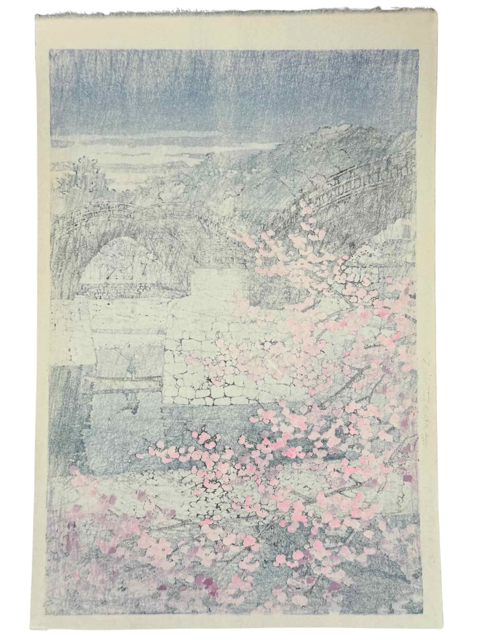 Estampe Japonaise de Hasui représentant le pont Kintai avec des cerisiers en fleurs, verso de l'estampe