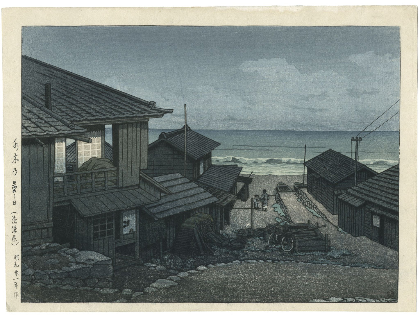 Estampe Japonaise Encadrée de Hasui Kawase, Journée nuageuse à Mizuki