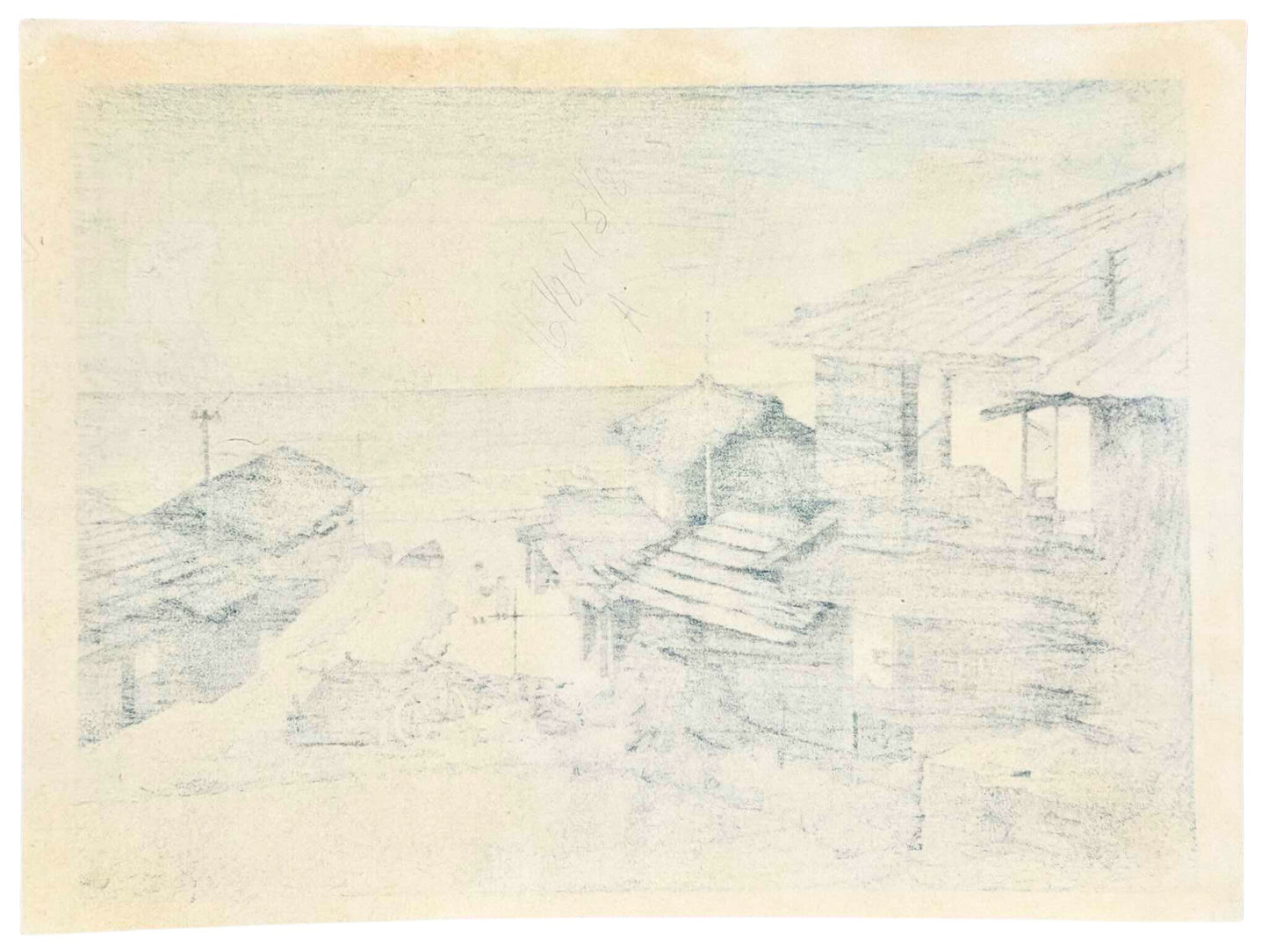 Estampe Japonaise Encadrée de Hasui Kawase, Journée nuageuse à Mizuki