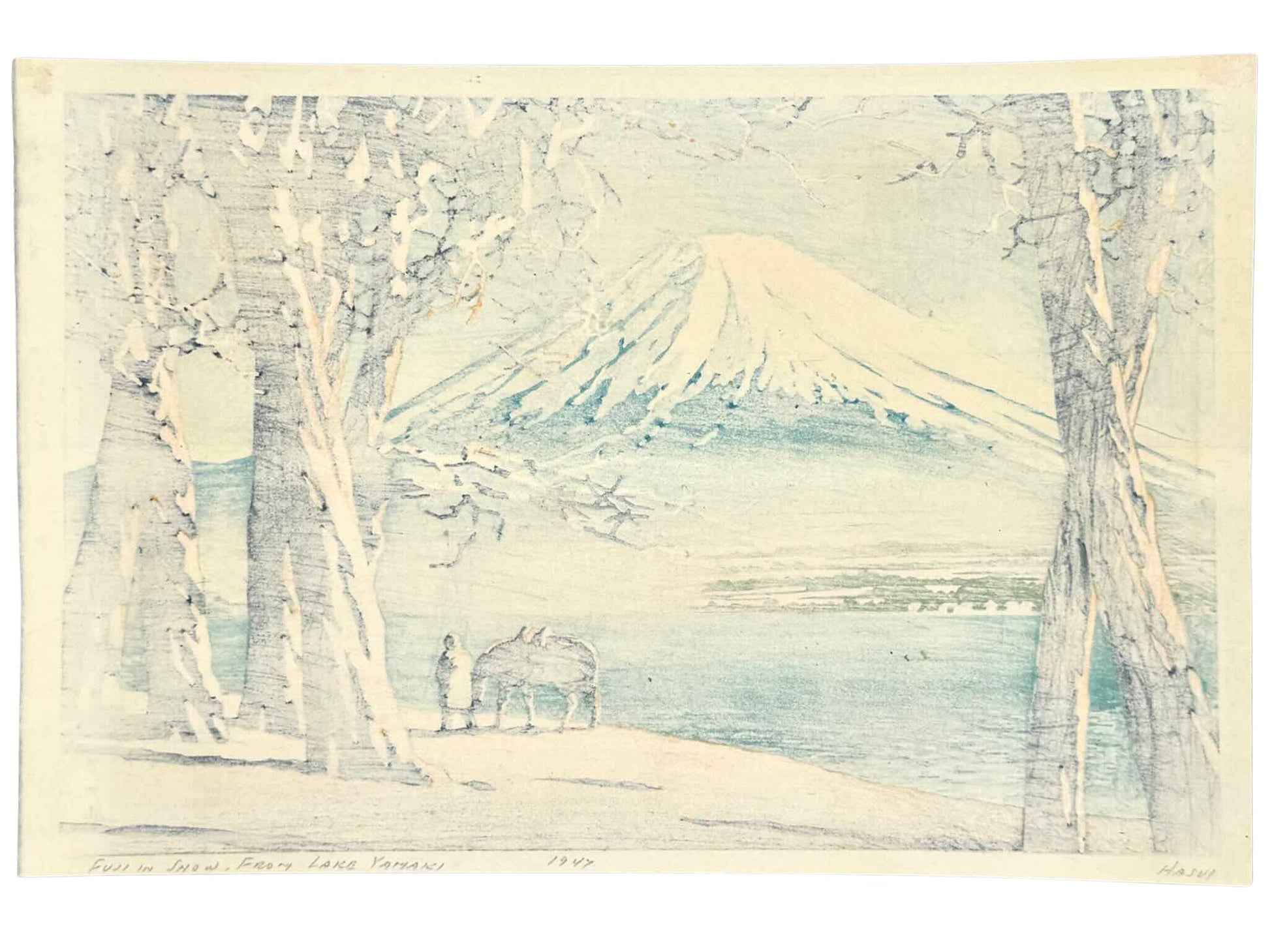 Estampe Japonaise de Hasui avec mont Fuji et lac Yamanaka en automne, le verso