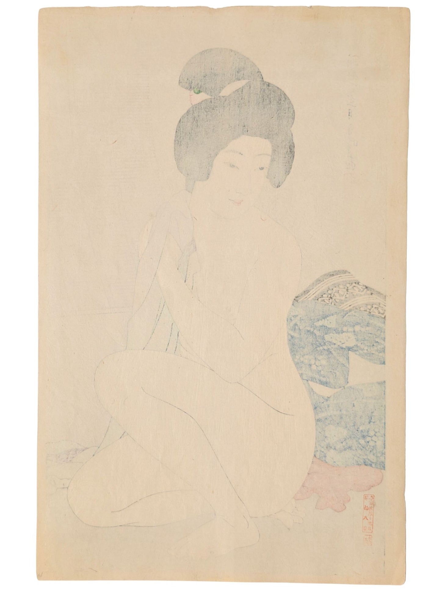 Estampe Japonaise de Hakuho, femme nue s’essuyant après le bain, le verso de l'estampe avec numérotation