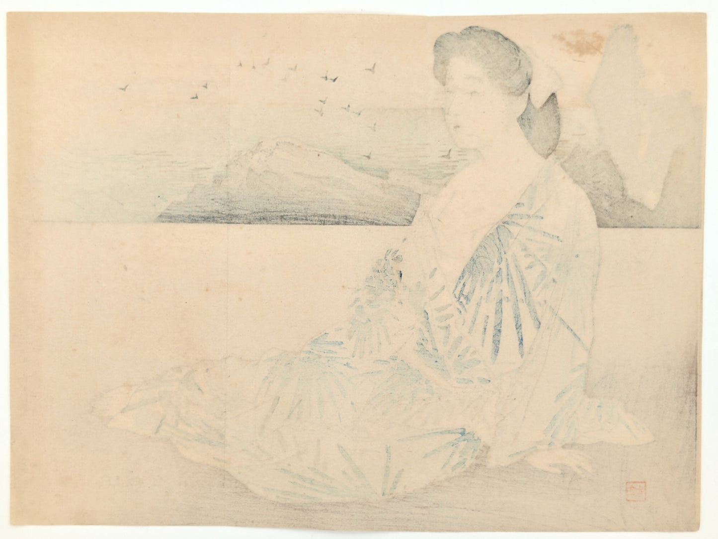 Estampe japonaise de Kajita Hanko représentant une femme en kimono bleu assise sur une plage, face à la mer, dans une scène calme et lumineuse, le verso de l'estampe