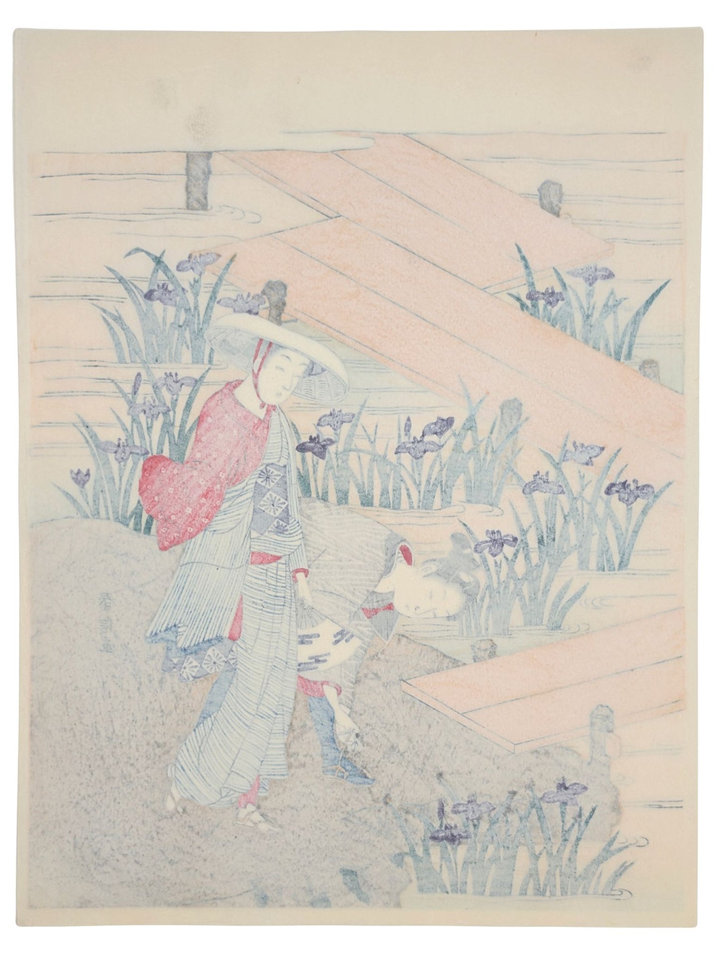 Estampe japonaise Harunobu avec femmes et iris dans un jardin, verso de l'estampe