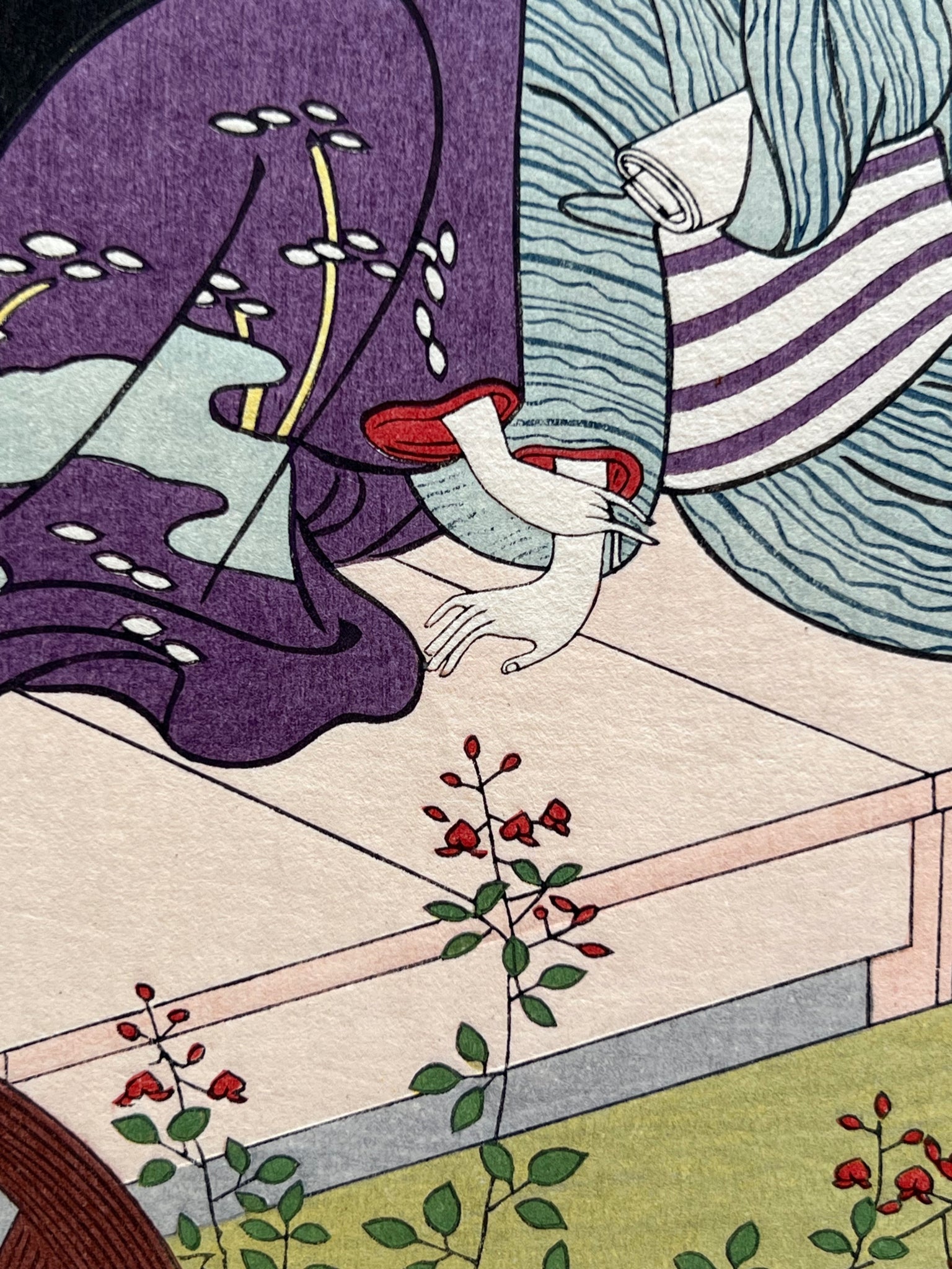 Estampe japonaise Harunobu, les amants, femme en kimono violet et homme rayé assis sur une terrasse, gros plan sur les mains