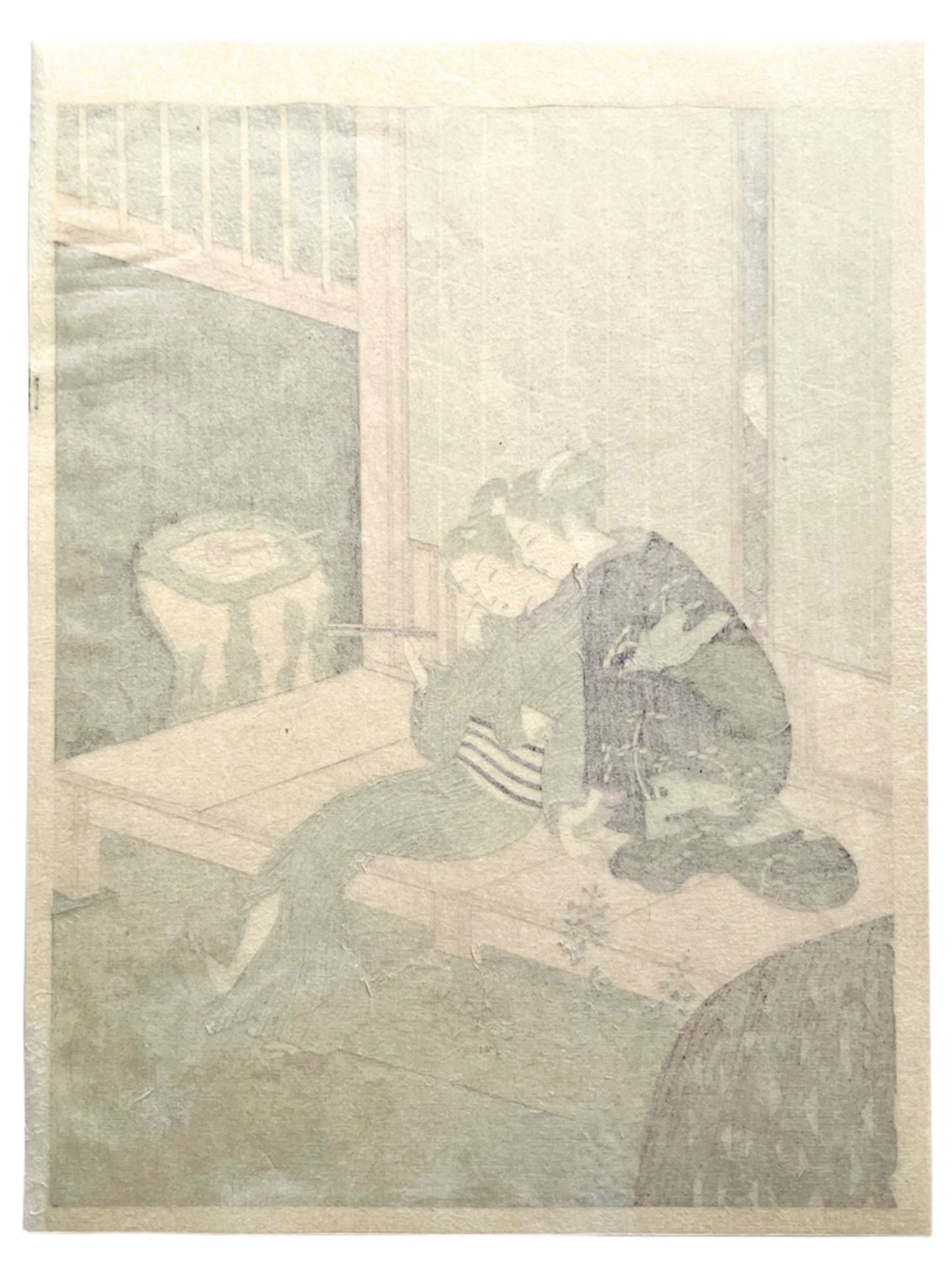 Estampe japonaise Harunobu, les amants, femme en kimono violet et homme rayé assis sur une terrasse, le verso de l'estampe