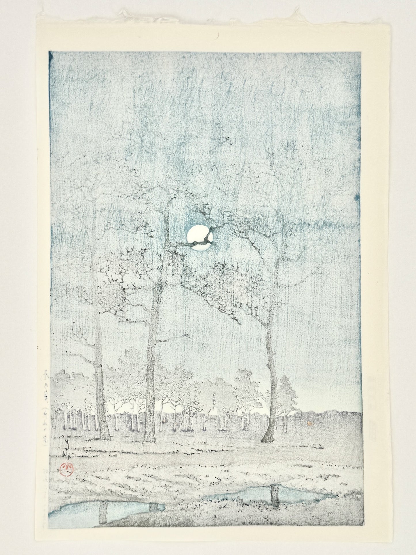 estampe japonaise de hasui kawase lune d hiver a toyama arbre et ombre dans la nuit japanese print uchiwa gallery, dos de l'estampe