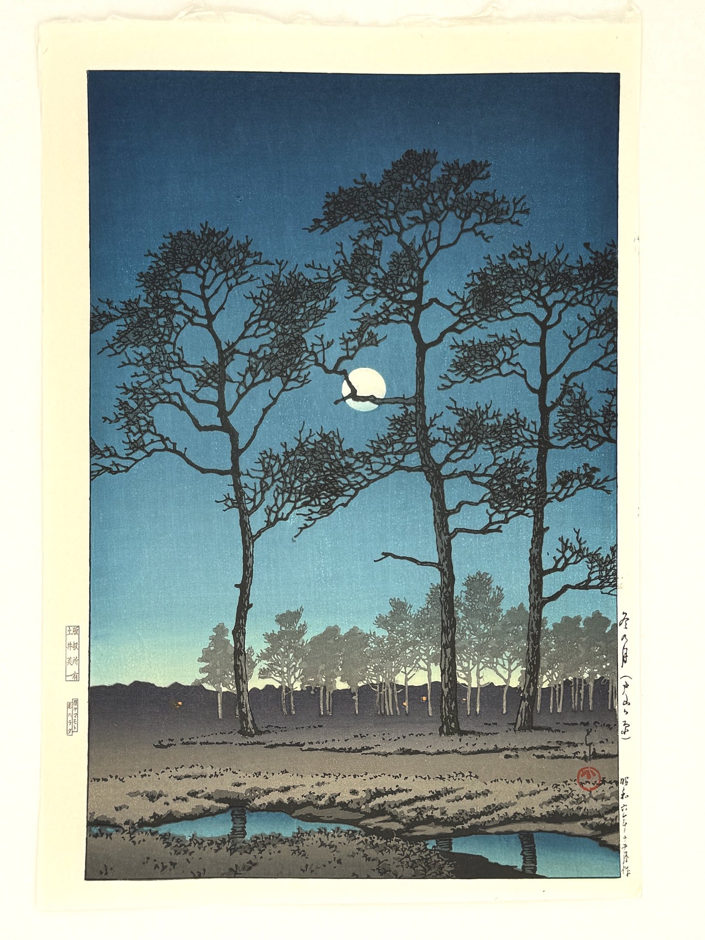 estampe japonaise de Hasui Kawase paysage nocturne lune d'hiver a Toyama arbre et ombre dans la nuit