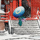 estampe japonaise une femme sous un papapluie bleu, devant entrée temple rouge sous la neige, femme sous un parapluie bleu