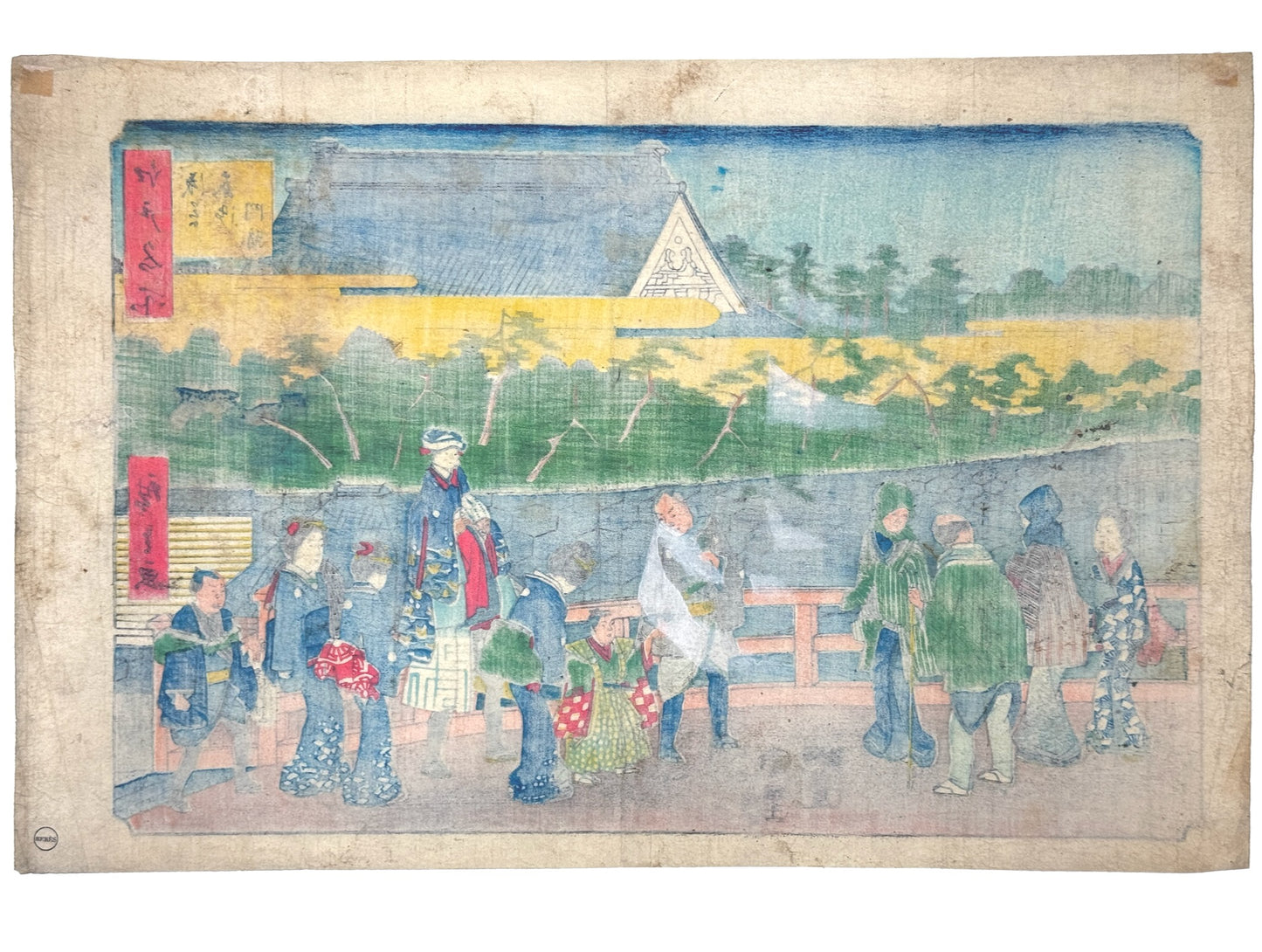 estampe japonaise de hiroshige, traversée du pont vers temple, adultes et enfants en kimono, dos de l'estampe