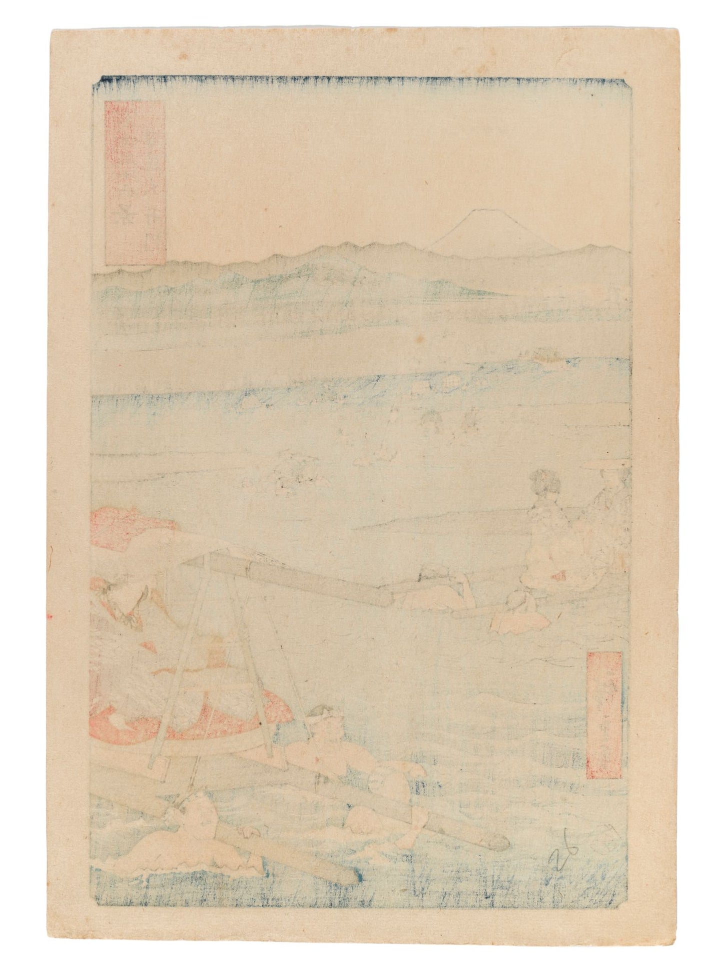 Estampe de Hiroshige des 36 vues du mont Fuji, représentant la traversée en bateau de la rivière Ôi, le verso