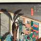 estampe japonaise intérieur d'une auberge avec voyageurs et geishas, calligraphie japonaise