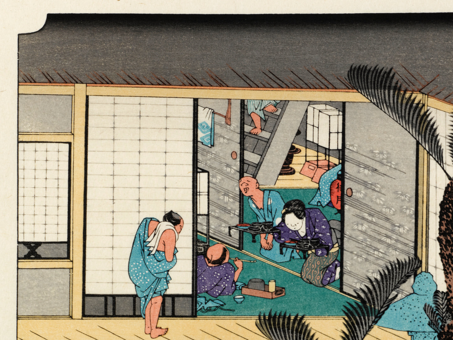 estampe japonaise intérieur d'une auberge avec voyageurs et geishas, homme en kimono de bain