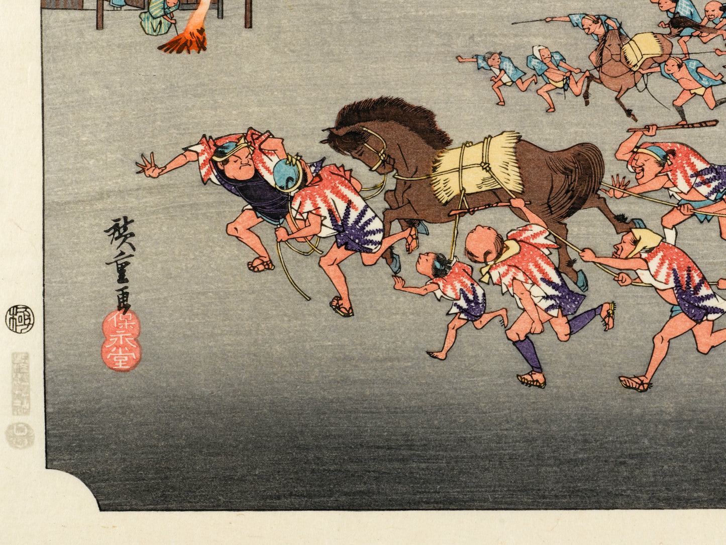 estampe japonaise course chevaux avec tori en premier plan, les sceau de censure
