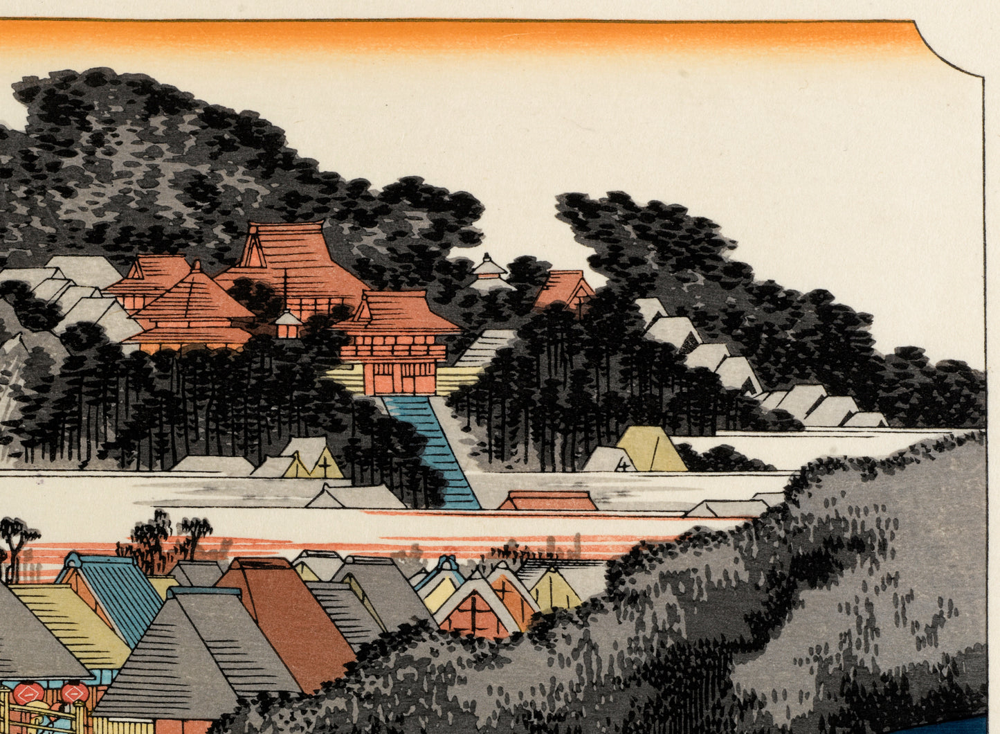 estampe japonaise de Hiroshige, la station Fujisawa du Tokaido avec un tori d'un sanctuaire shinto en premier plan, les temples en second plan