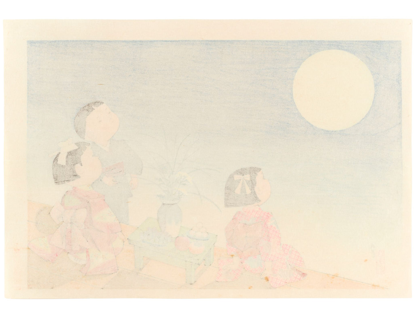 Estampe japonaise de Kiyohara Hitoshi montrant des enfants en kimono admirant la plein lune pendant le Tsukimi verso