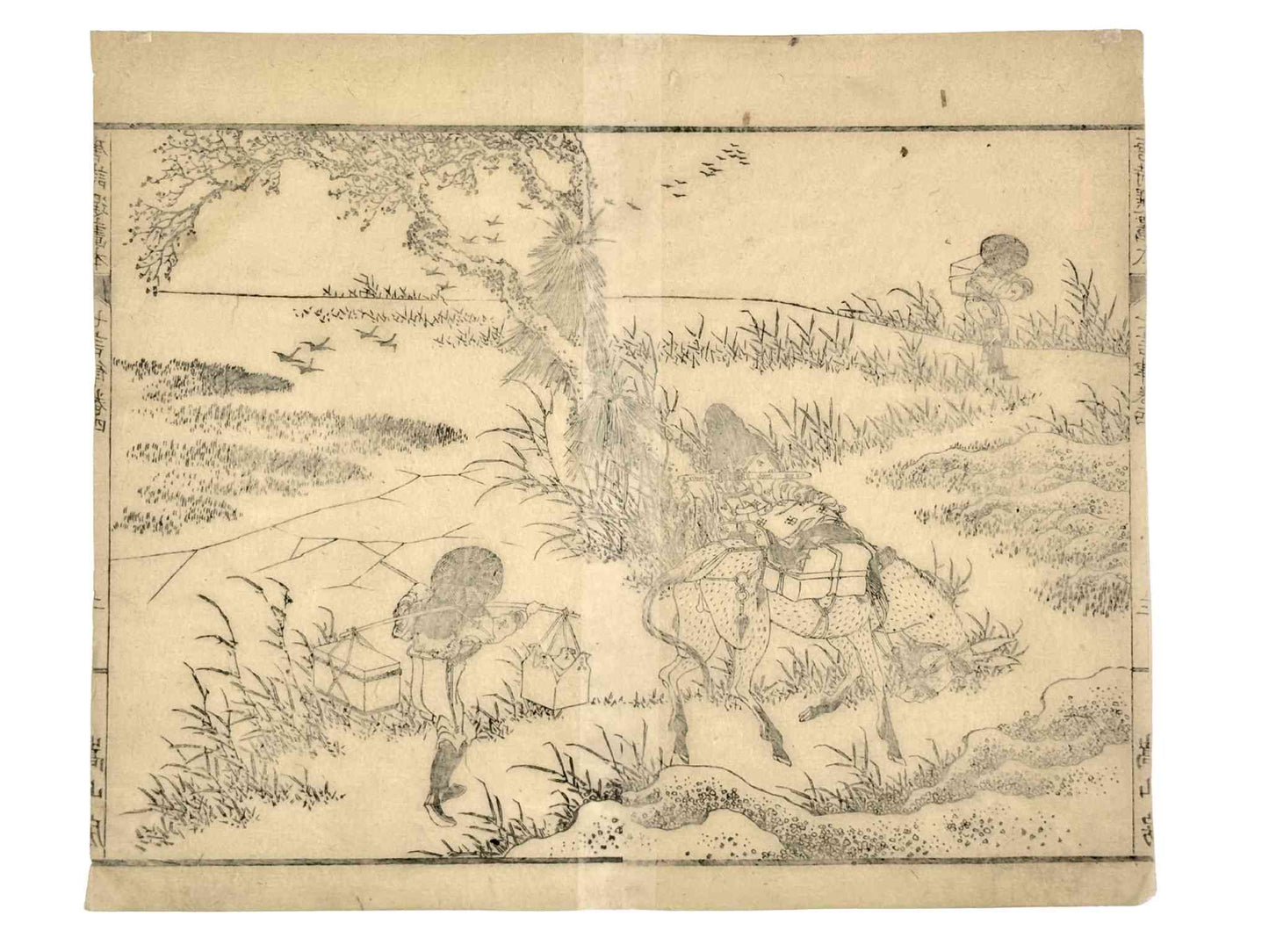 Estampe Japonaise de Hokusai représentant un voyageur à dos de mulet s'éloignant vers l'horizon à travers les marécages sous un vol d'oies sauvages, le verso