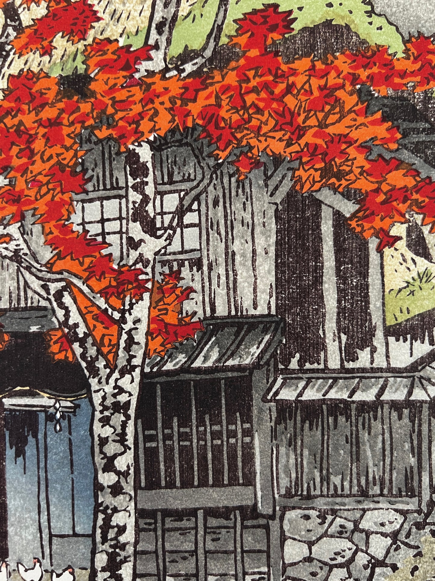 estampe japonaise Kasasmatsu shiro campagne automne érable rouge, tronc arbre et maison en bois