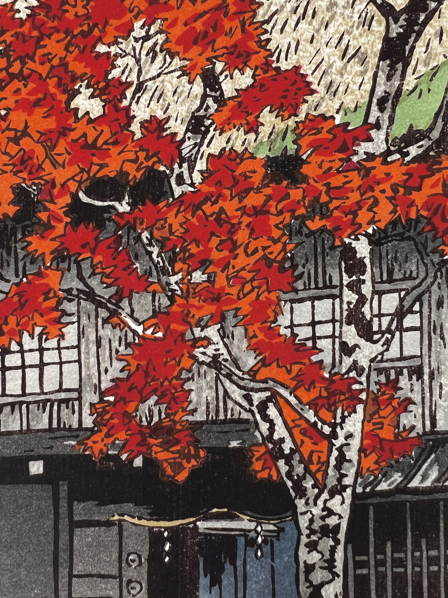 estampe japonaise Kasasmatsu shiro campagne automne érable rouge, maison bois chaume