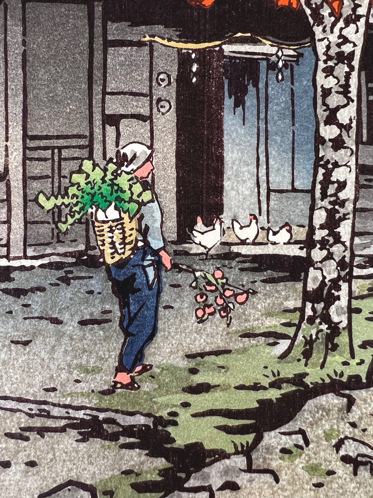 estampe japonaise Kasasmatsu shiro campagne automne érable rouge, fermière poule