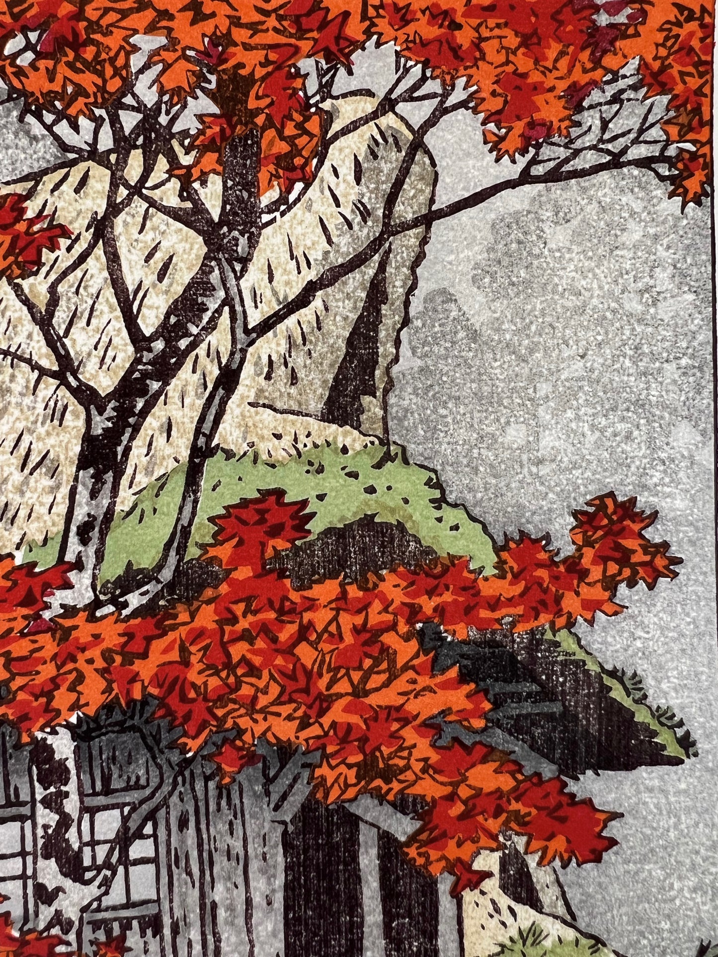 estampe japonaise Kasasmatsu shiro campagne automne érable rouge, toit chaume et herbe