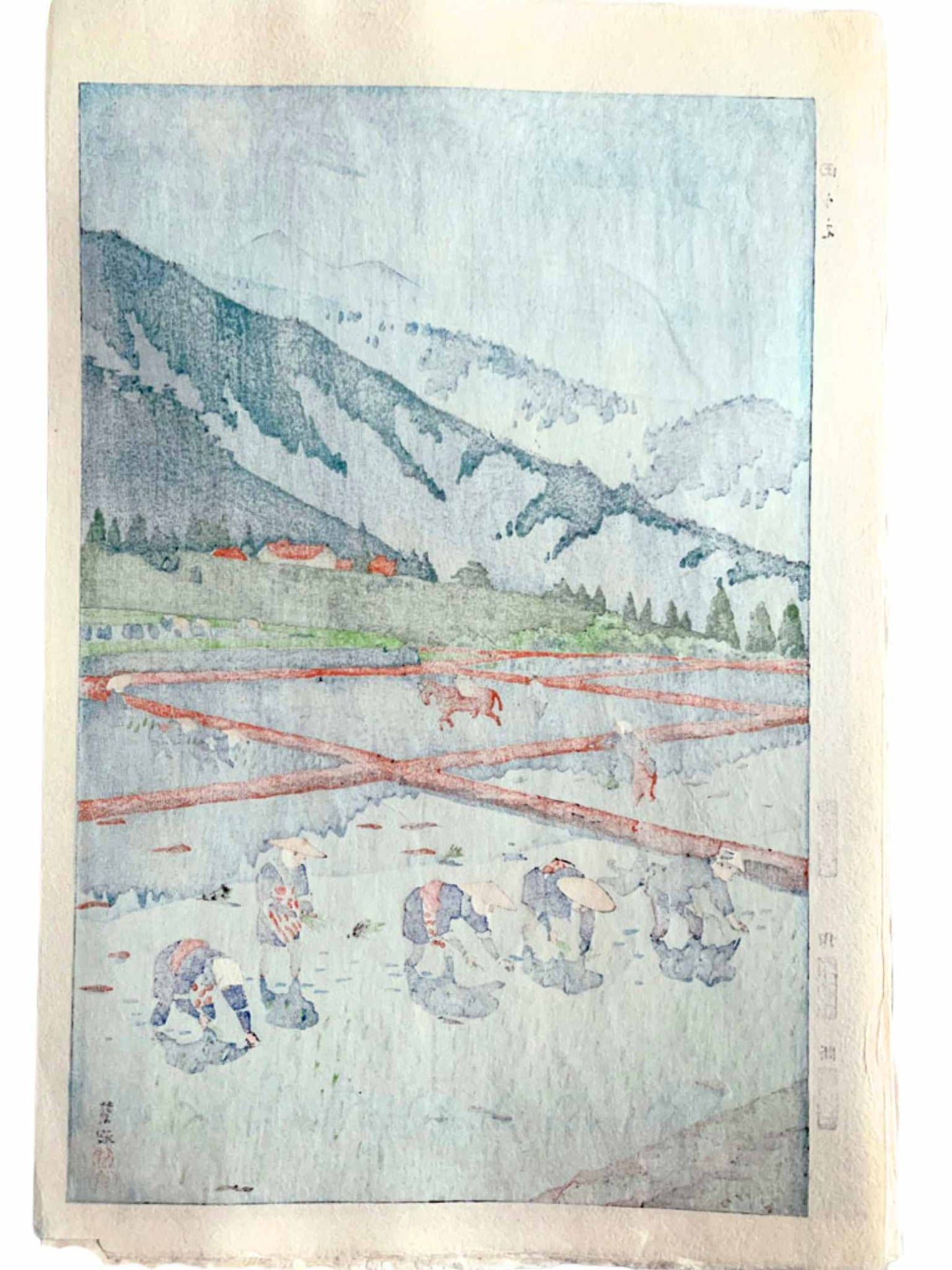 estampe japonaise de Kasamatsu, paysage de montagne avec personnes plantant du riz dans une rizière, le verso de l'estampe