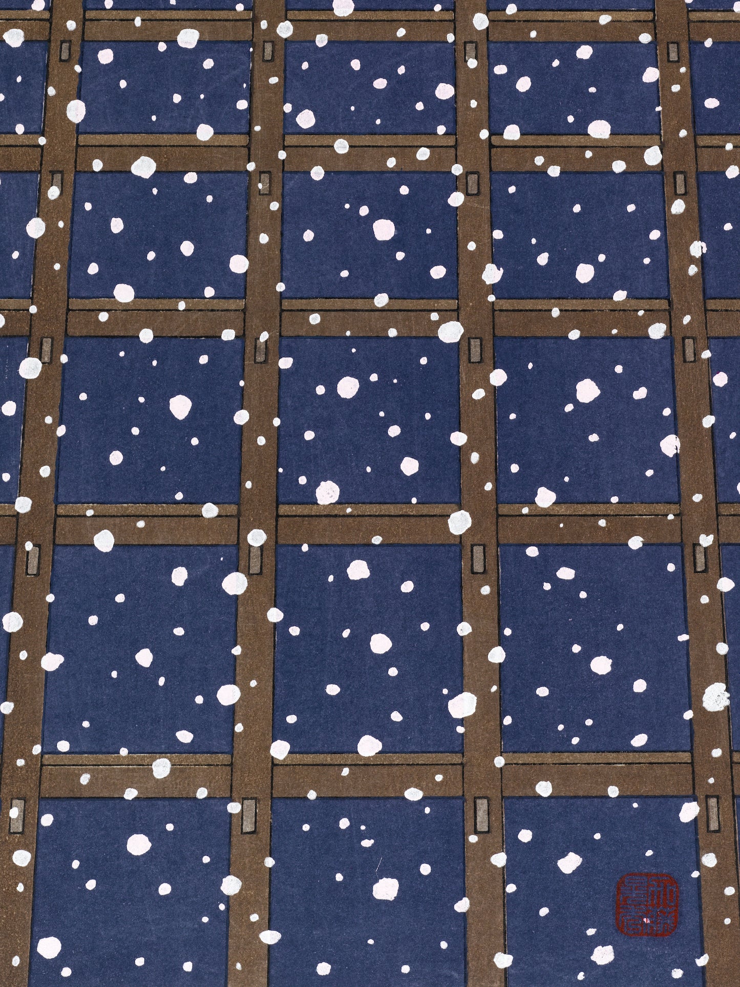 estampe japonaise Teruhide Kato, snow stage Kiyomizudera sous la neige, piliers de bois et flocons de neige, sceau artiste