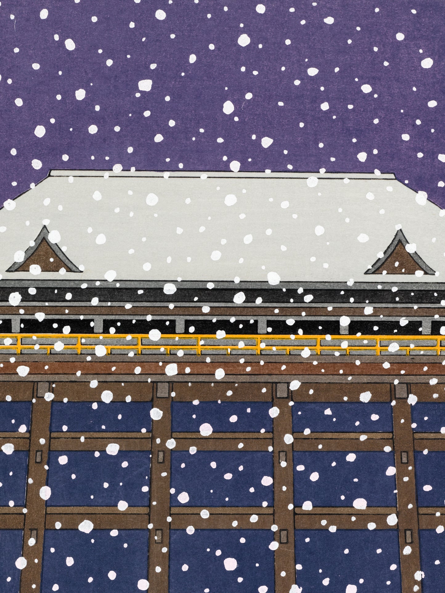estampe japonaise Teruhide Kato, snow stage Kiyomizudera sous la neige, toit et terrasse enneigé