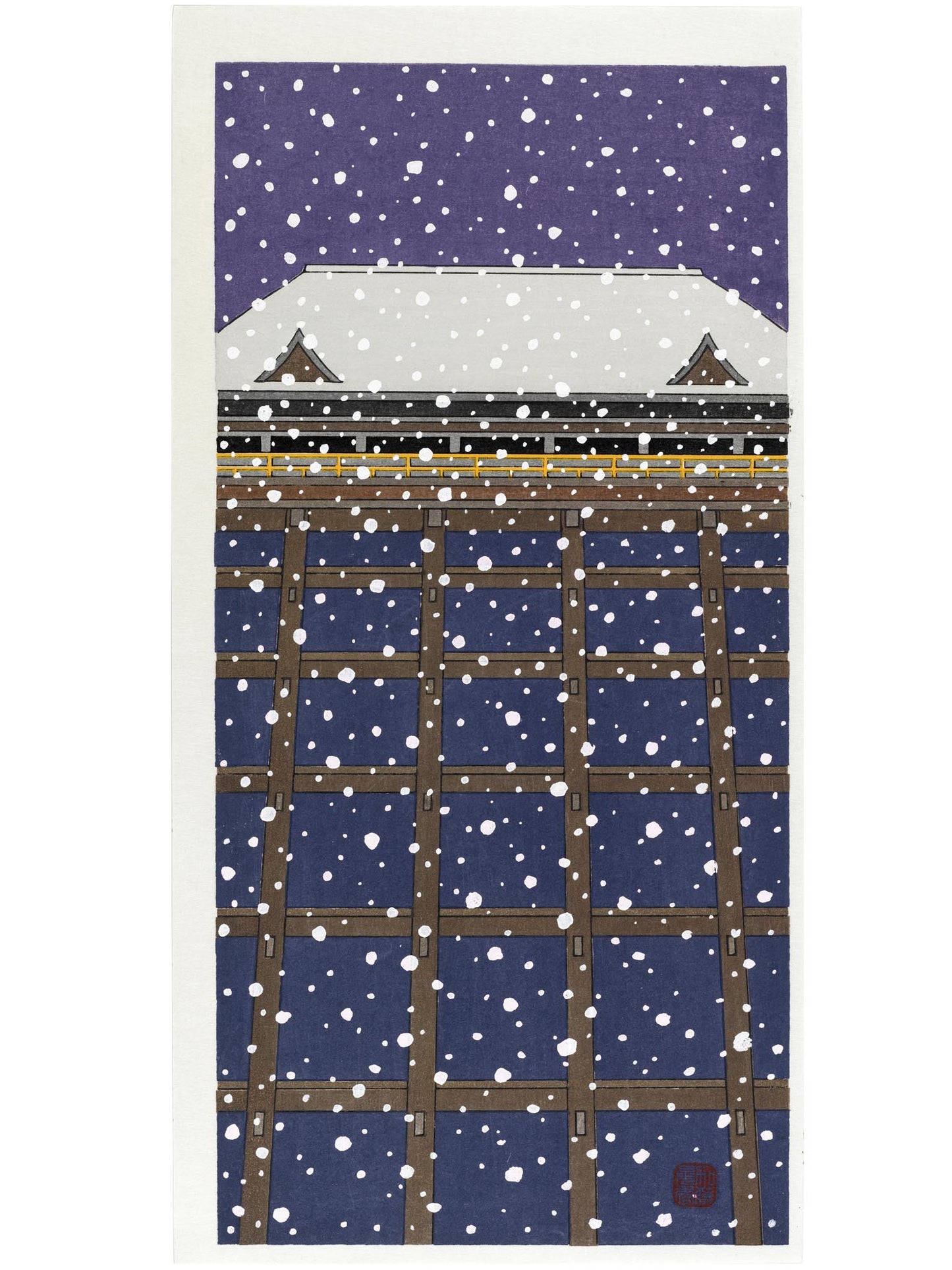 estampe japonaise Teruhide Kato, neige tombant sur le Kiyomizudera temple à Kyoto
