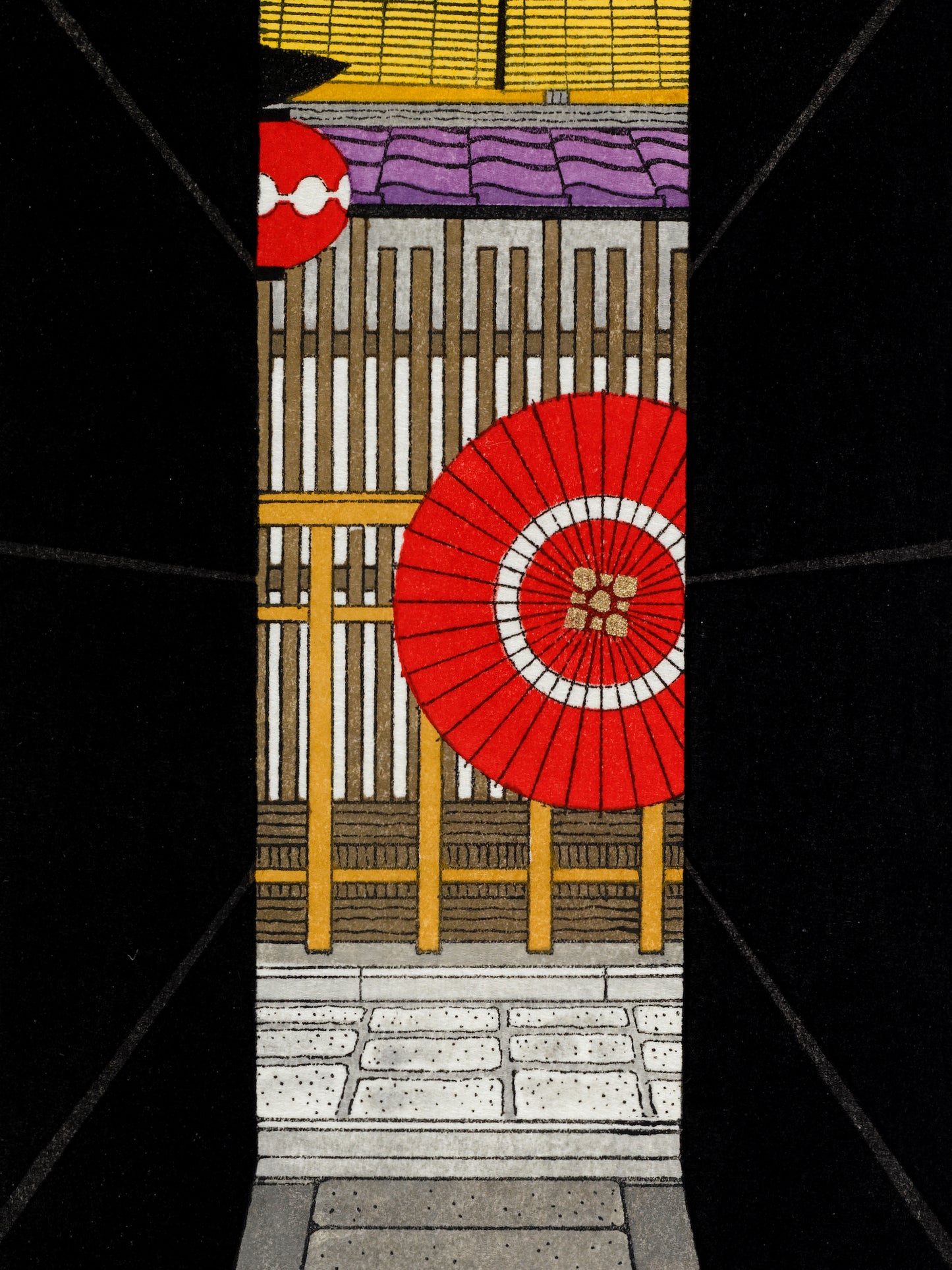 estampe japonaise une allée noire en perspective menant sur rue avec un parapluie rouge et une lanterne rouge avec perspective couloir noir